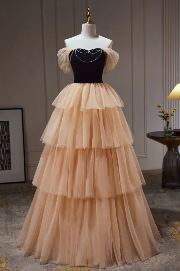 Pretty Champagne Off The Shoulder Beading A Line Tulle Long Prom Dresses APP0816