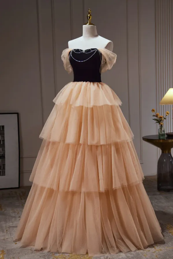Pretty Champagne Off The Shoulder Beading A Line Tulle Long Prom Dresses APP0816