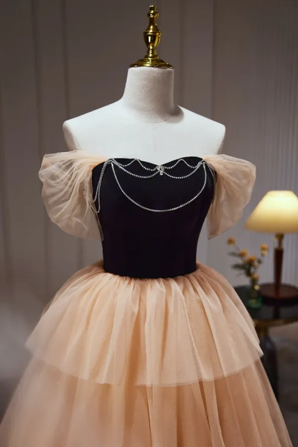 Pretty Champagne Off The Shoulder Beading A Line Tulle Long Prom Dresses APP0816