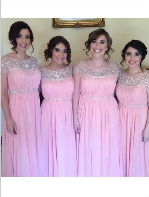 Princess Chiffon Scoop Bridesmaid Dresses Floor Length With Beading