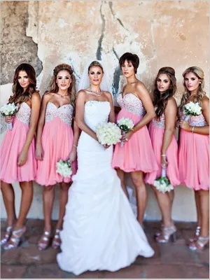 Princess Chiffon Strapless Short Bridesmaid Dresses With Beading