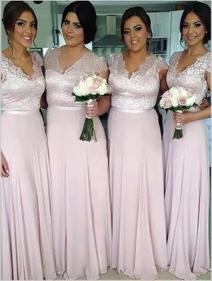 Princess Chiffon V-neck Bridesmaid Dresses,Short Sleeves Floor Length Bridesmaid Dresses