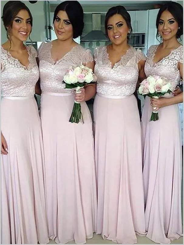 Princess Chiffon V-neck Bridesmaid Dresses,Short Sleeves Floor Length Bridesmaid Dresses