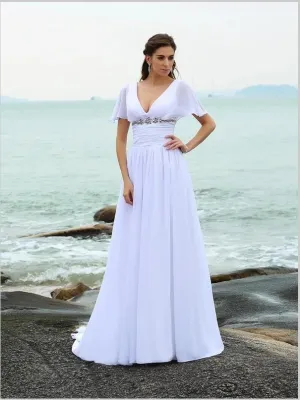 Princess Chiffon V-neck Wedding Dresses,Ruffles Short Sleeves Wedding Dresses