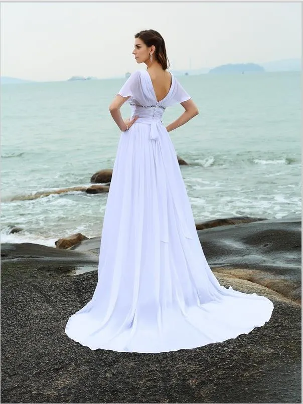 Princess Chiffon V-neck Wedding Dresses,Ruffles Short Sleeves Wedding Dresses
