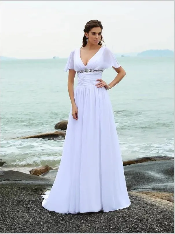 Princess Chiffon V-neck Wedding Dresses,Ruffles Short Sleeves Wedding Dresses