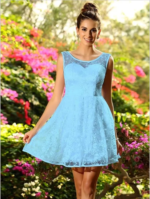 Princess Lace Bateau Bridesmaid Dresses,Round Neck Short Bridesmaid Dresses