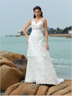Princess Lace Straps V-neck Applique Sleeveless Wedding Dresses
