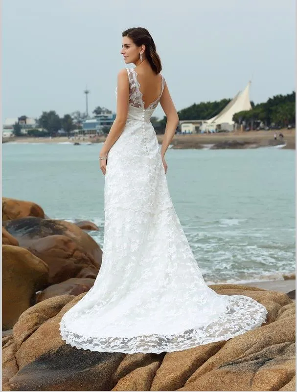 Princess Lace Straps V-neck Applique Sleeveless Wedding Dresses