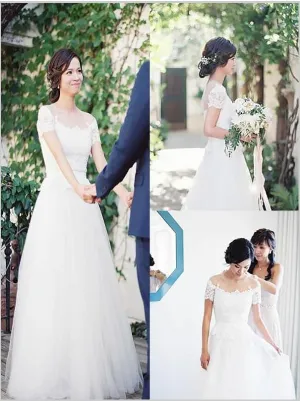 Princess Tulle Off Shoulder Wedding Dresses,Short Sleeves Train Bateau Wedding Dresses