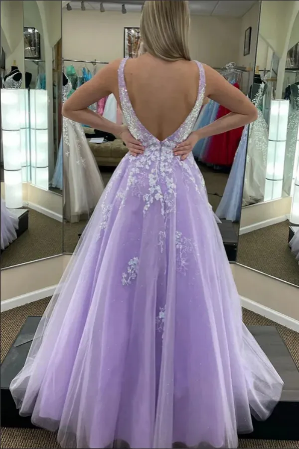 Purple Tulle A Line V Neck Open Back Prom Dresses with Lace Appliques APP0751