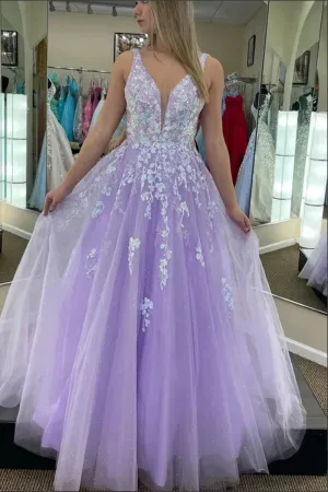 Purple Tulle A Line V Neck Open Back Prom Dresses with Lace Appliques APP0751