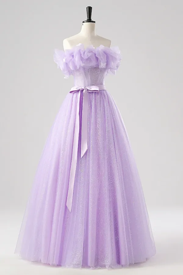 Purple Tulle Floor Length Prom Dress, Beautiful Off the Shoulder Party Dress APP1136