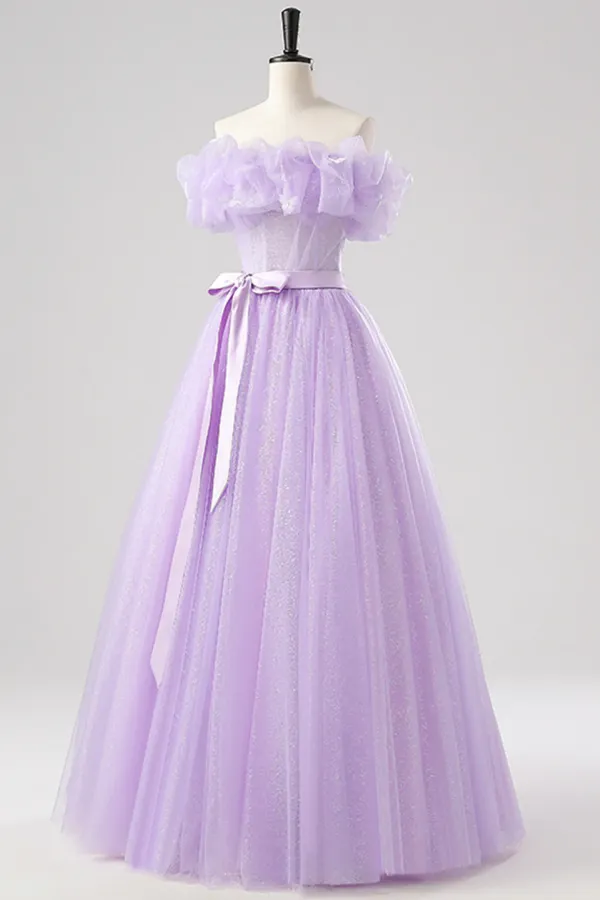 Purple Tulle Floor Length Prom Dress, Beautiful Off the Shoulder Party Dress APP1136