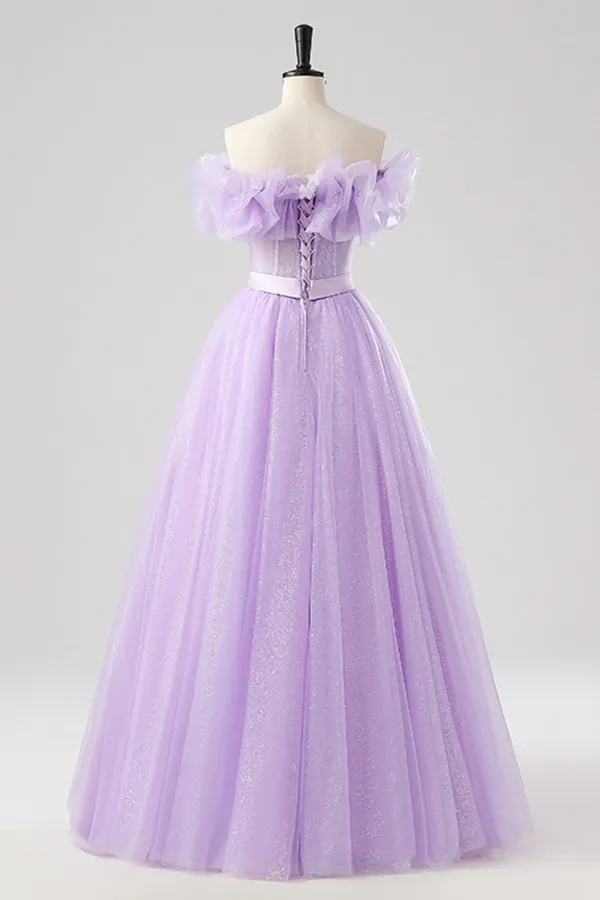 Purple Tulle Floor Length Prom Dress, Beautiful Off the Shoulder Party Dress APP1136
