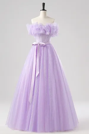 Purple Tulle Floor Length Prom Dress, Beautiful Off the Shoulder Party Dress APP1136