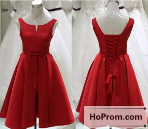 Red Satin Knee Length Prom Dresses Homecoming Dresses