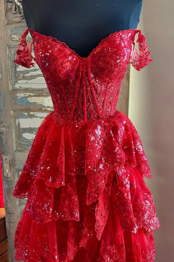 Red Sweetheart Tulle Off Shoulder Layers Long Party Dress, A Line Prom Dress APP1118