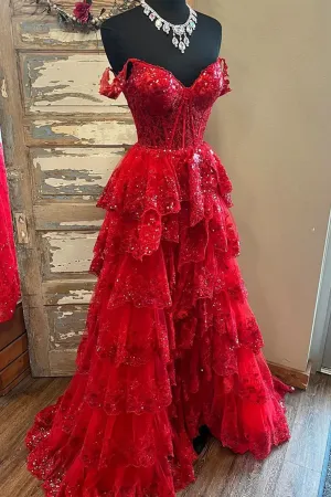 Red Sweetheart Tulle Off Shoulder Layers Long Party Dress, A Line Prom Dress APP1118