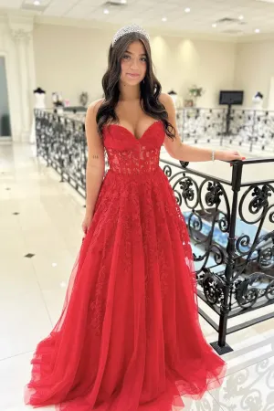 Red Sweetheart Tulle with Lace Long Formal Dress, Red Party Dress APP1046