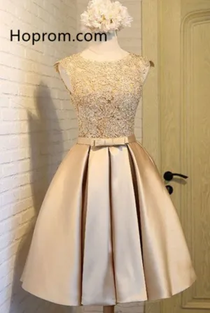 Round Neck Lace Homecoming Dress, Champagne Short Prom Dresses
