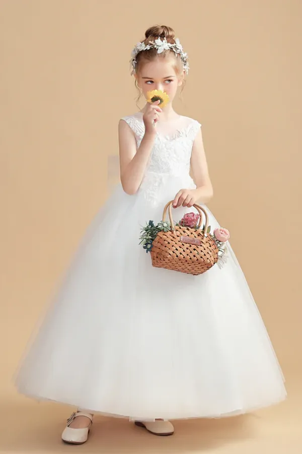 Round Neck Tulle Sleeveless Ivory Flower Girl Dresses With Bowknot APF0022