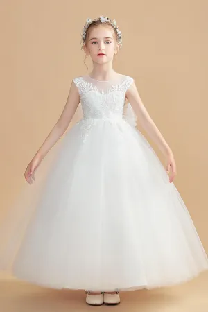 Round Neck Tulle Sleeveless Ivory Flower Girl Dresses With Bowknot APF0022