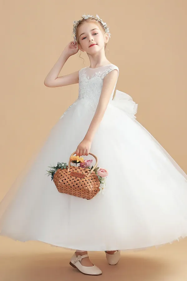 Round Neck Tulle Sleeveless Ivory Flower Girl Dresses With Bowknot APF0022