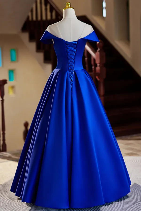 Royal Blue Satin A Line Long Evening Dress, Royal Blue Prom Dress APP1012