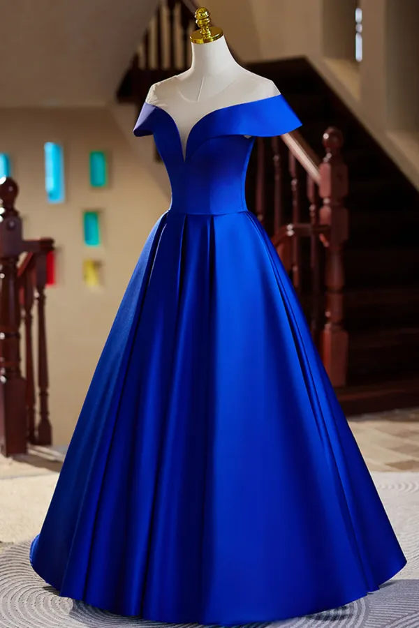 Royal Blue Satin A Line Long Evening Dress, Royal Blue Prom Dress APP1012