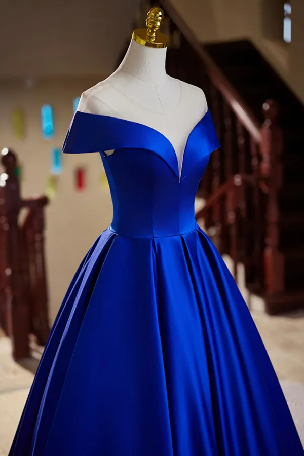 Royal Blue Satin A Line Long Evening Dress, Royal Blue Prom Dress APP1012