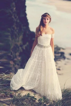 Roycebridal White Open Back Off Shoulder Beading Belt Beach Wedding Dresses, MW197