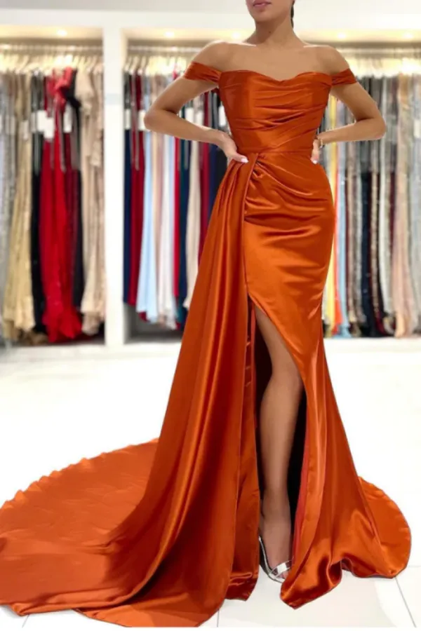 Rust Off the Shoulder Evening Dress Mermaid Satin Prom Dress with Flap APP0700