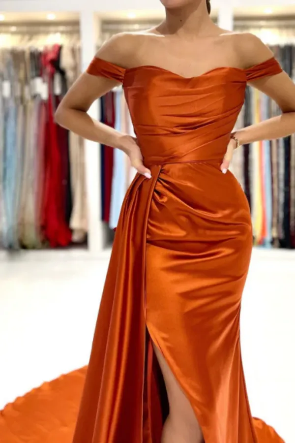 Rust Off the Shoulder Evening Dress Mermaid Satin Prom Dress with Flap APP0700