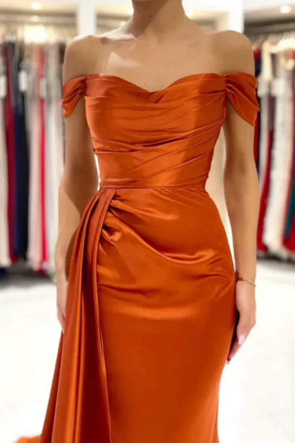 Rust Off the Shoulder Evening Dress Mermaid Satin Prom Dress with Flap APP0700