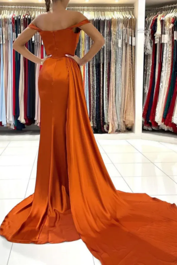 Rust Off the Shoulder Evening Dress Mermaid Satin Prom Dress with Flap APP0700