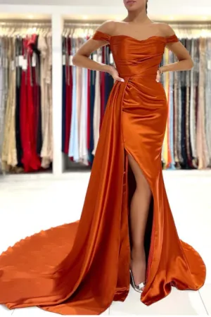 Rust Off the Shoulder Evening Dress Mermaid Satin Prom Dress with Flap APP0700