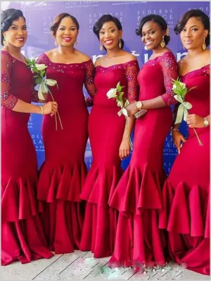 Satin 3/4 Sleeves Off Shoulder Bridesmaid Dresses Floor Length