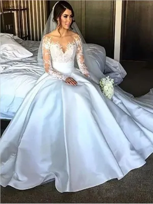 Satin V-neck Long Sleeves Wedding Dresses Court Train Ball Gown