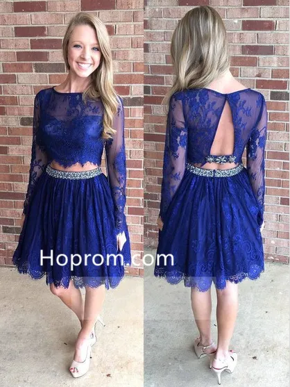 Scoop Neck Lace Knee-length Two Piece A-line Beading Long Sleeve Homecoming Dresses