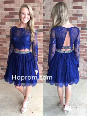 Scoop Neck Lace Knee-length Two Piece A-line Beading Long Sleeve Homecoming Dresses