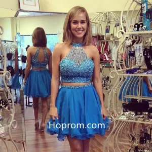 Sexy Summer Beadings Homecoming Dress, Blue Halter Homecoming Dress
