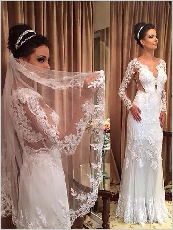 Sheath Lace Tulle Long Sleeves Wedding Dresses,V-neck Train Wedding Dresses