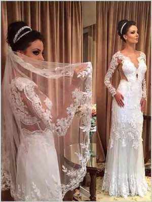 Sheath Lace Tulle Long Sleeves Wedding Dresses,V-neck Train Wedding Dresses