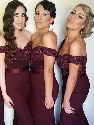 Sheath Off Shoulder Floor Length Bridesmaid Dresses With Lace Satin