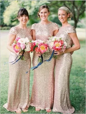 Sheath Short Sleeves Floor Length Bridesmaid Dresses With Sequins
