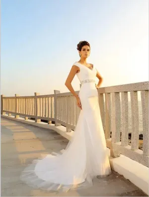 Sheath V-neck Pleats Wedding Dresses,Sleeveless Long Net Wedding Dresses