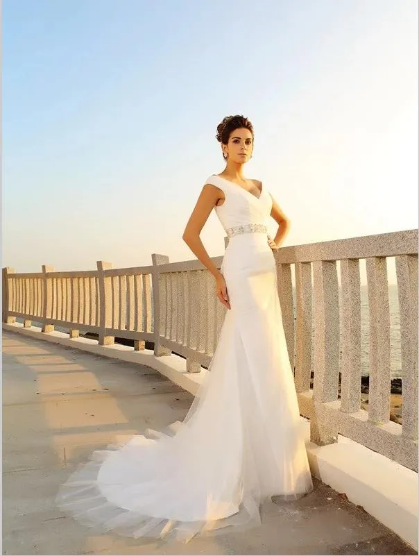 Sheath V-neck Pleats Wedding Dresses,Sleeveless Long Net Wedding Dresses