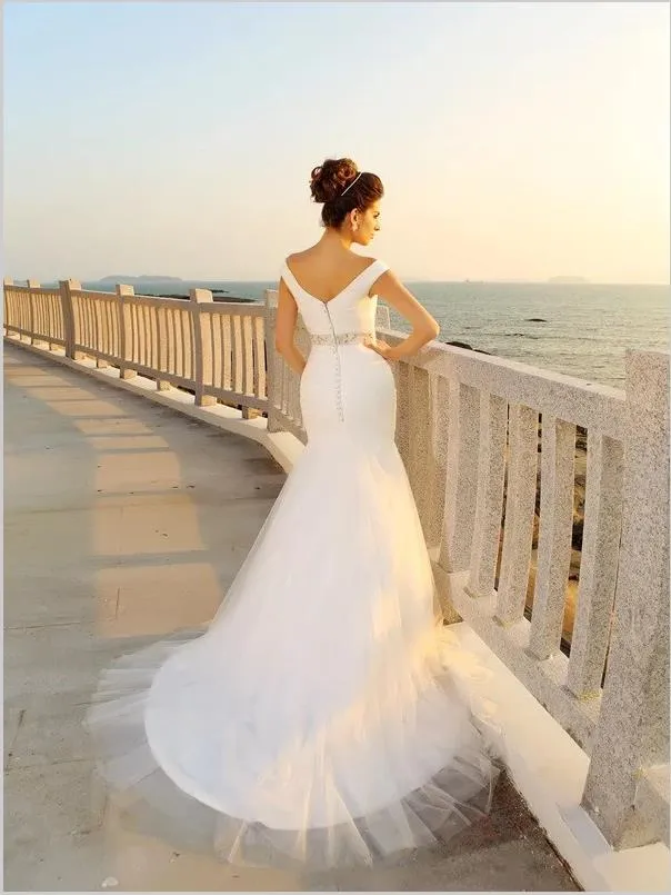 Sheath V-neck Pleats Wedding Dresses,Sleeveless Long Net Wedding Dresses
