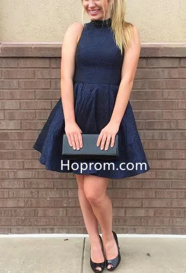 Short Halter Homecoming Dress, Navy Blue Homehoming Dress